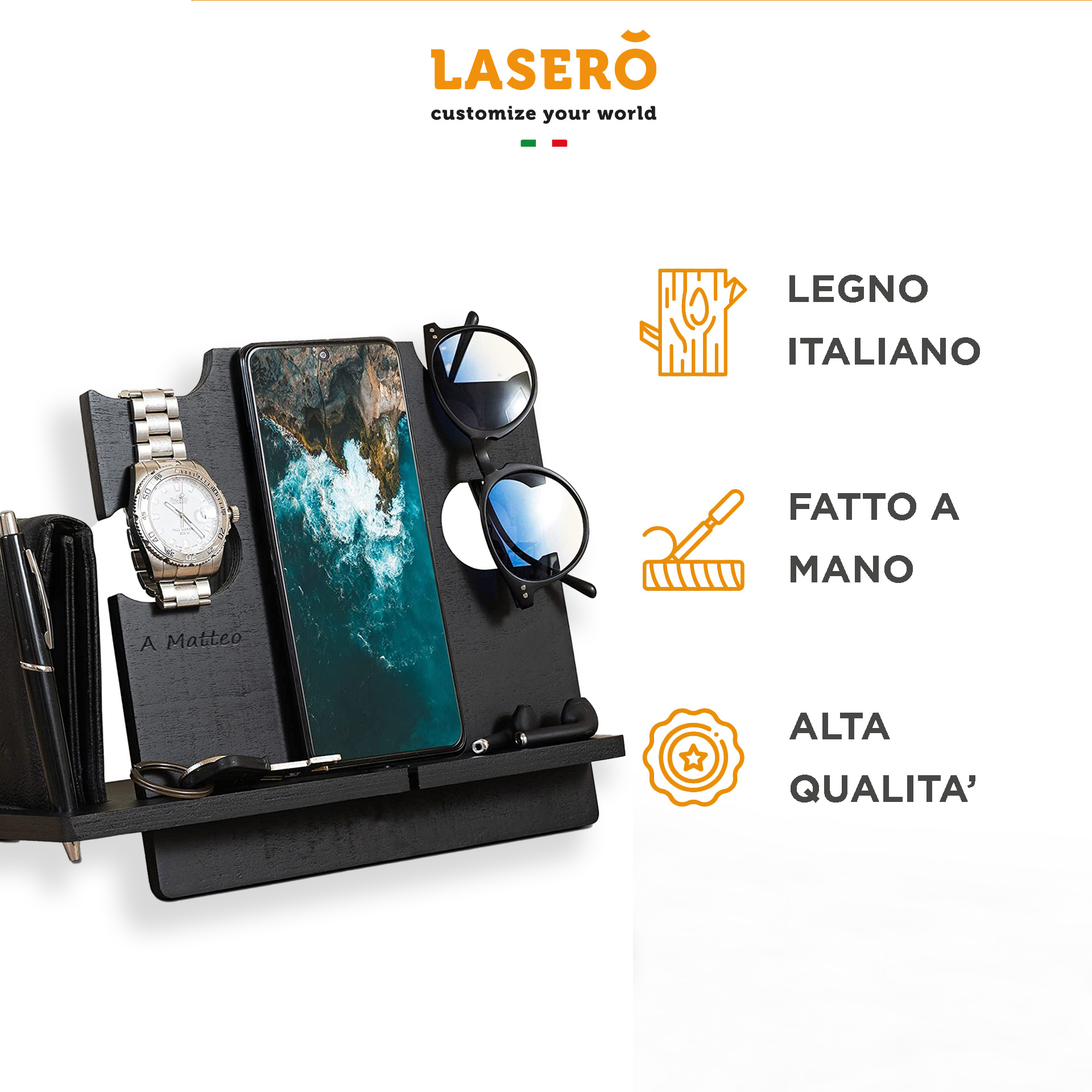 Docking Station In Legno Per Smartphone – Porta Occhiali, Portachiavi, Vassoio E Portapenne, Regalo Per Uomo, Per Festa Del Papà E Compleanno - 2